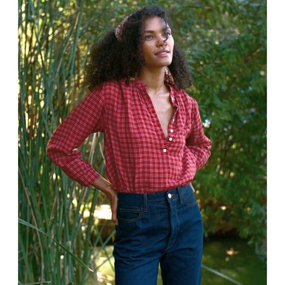 Doen Holde Blouse Rouge Red Plaid Half Button Top Size Small - Picture 14 of 15